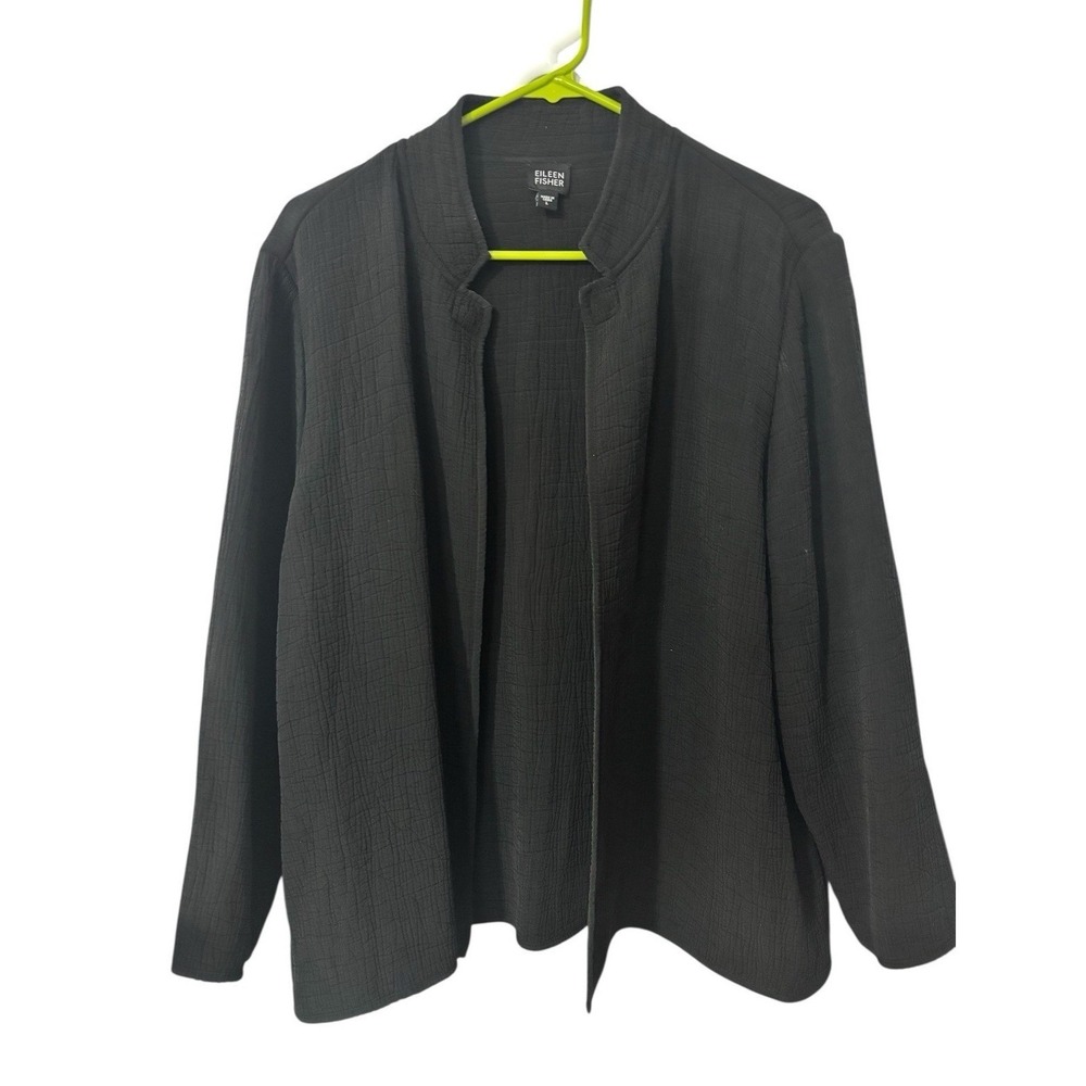 Eileen Fisher Women L Black Rayon Silk Crinkle Textured Open Front Jacket